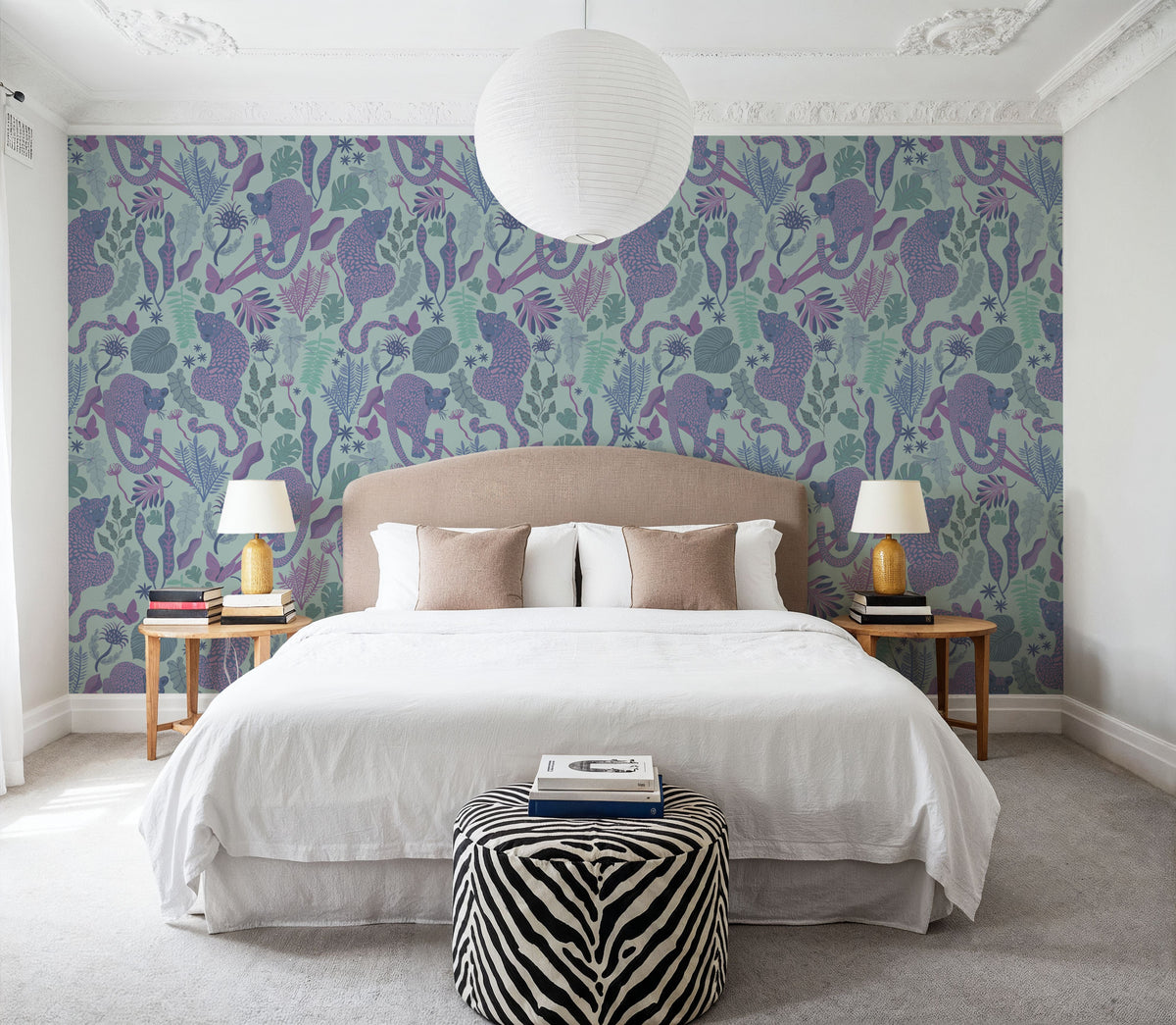 Jungle Leopards Violet & Mint Mural Wallpaper - room preview 02