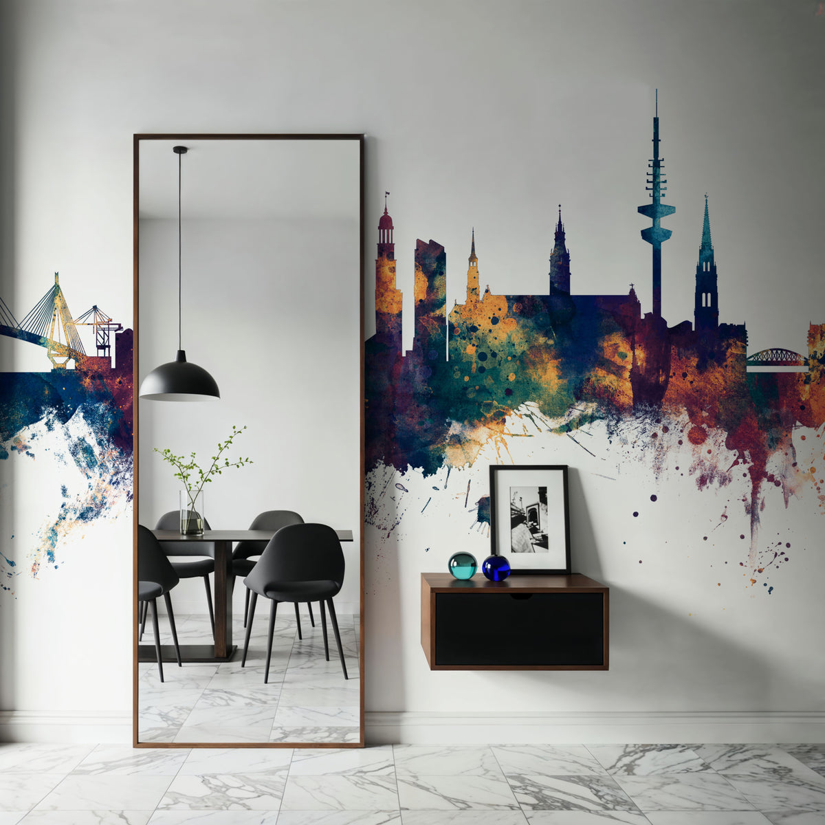 Hamburg Germany Skyline Blue & Bronze Mural Wallpaper - room preview 02
