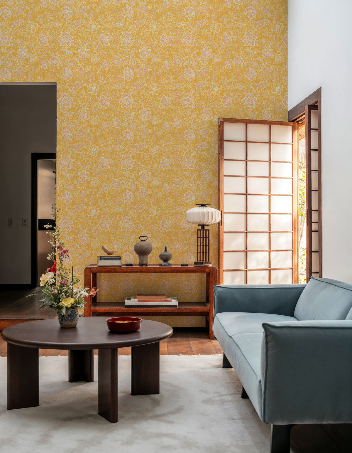 Kala Flowers White on Yellow Mural Wallpaper - room preview 02