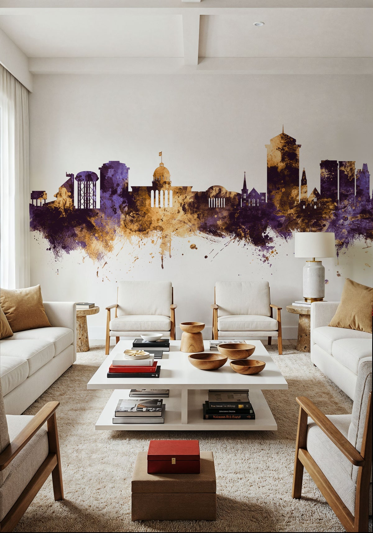 Montgomery Alabama Skyline Purple & Gold Mural Wallpaper - room preview 02