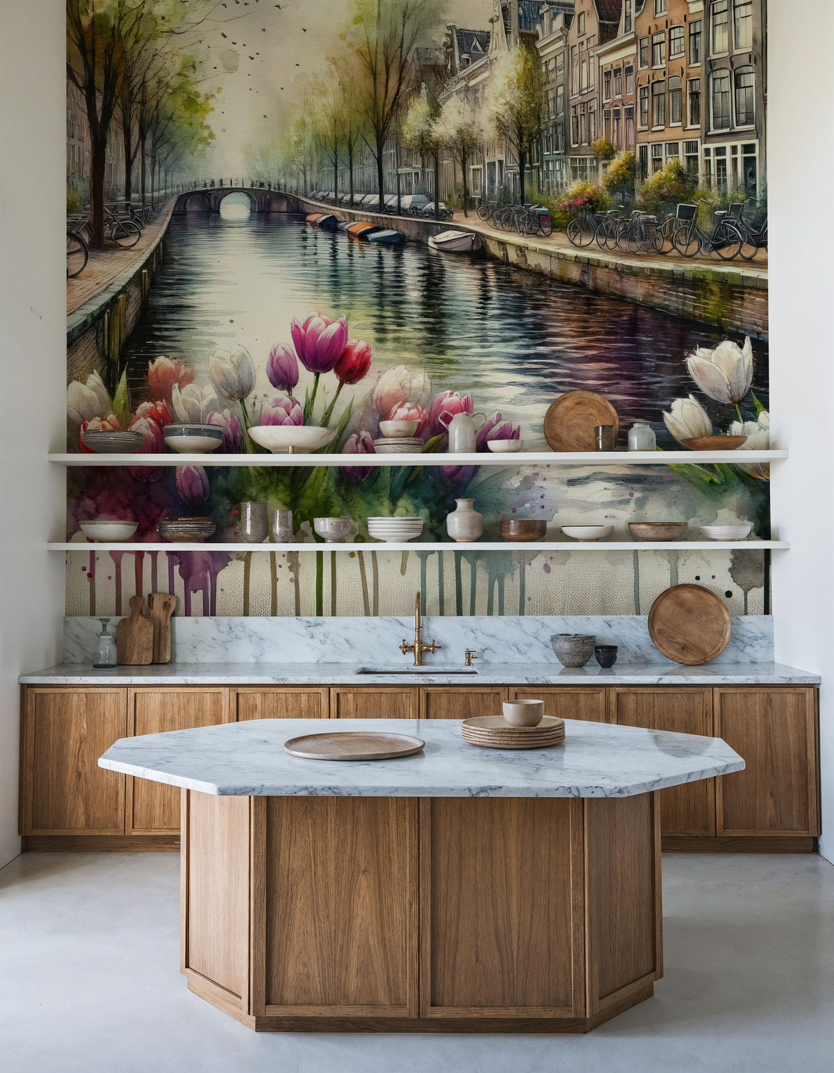 Watercolor Canal Scene Dutch Houses Mural Wallpaper - room preview 02