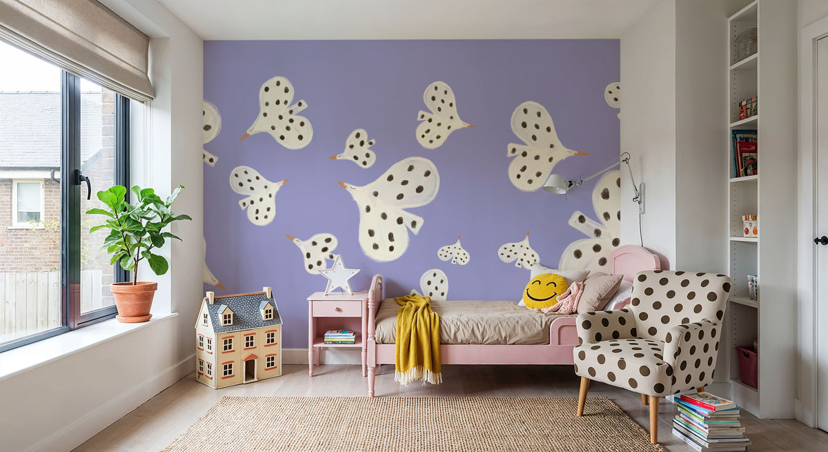 Birds Flying High, Periwinkle Mural Wallpaper - room preview 02