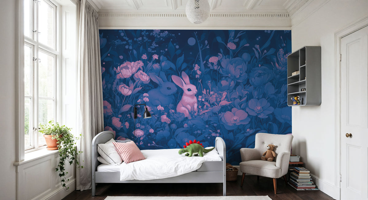 Rabbits Blue Pink Mural Wallpaper - room preview 02