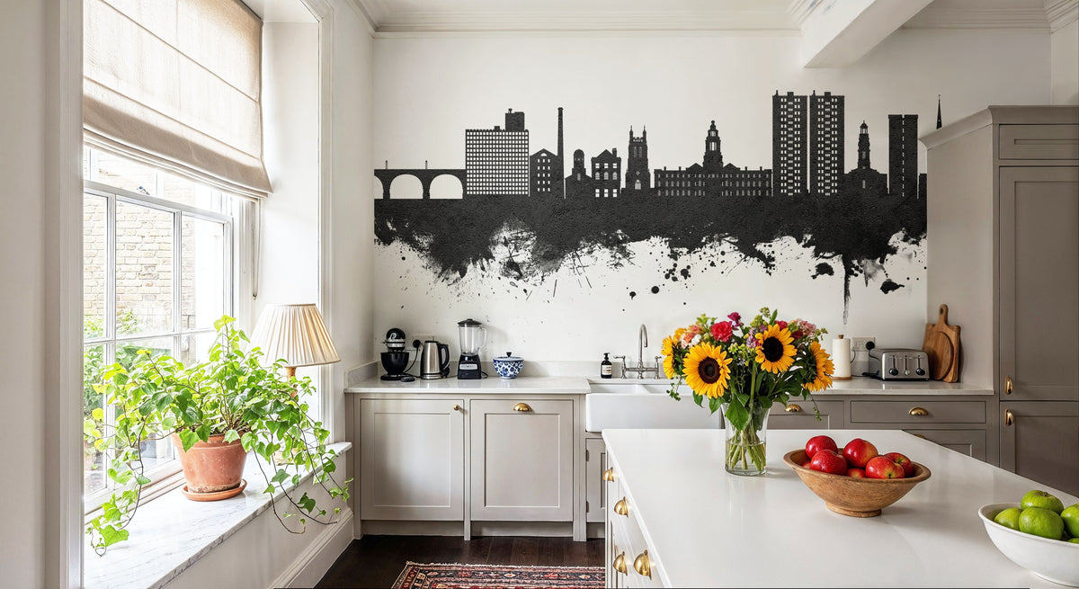 Stockport England Skyline Black & White Mural Wallpaper - room preview 02