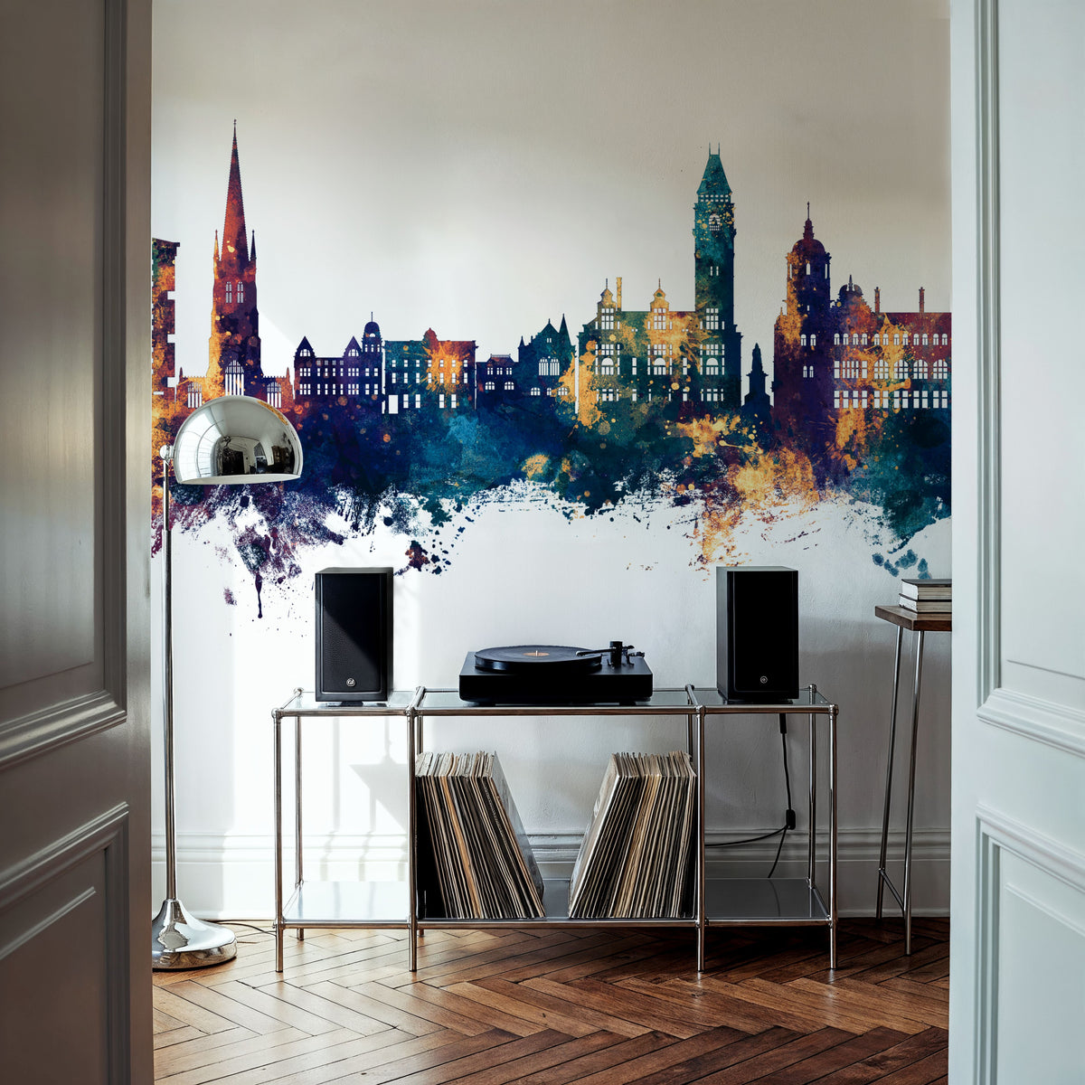 Wakefield England Skyline Blue & Bronze Mural Wallpaper - room preview 02