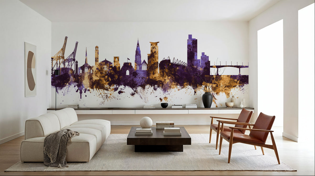 Southampton England Skyline Purple & Gold Mural Wallpaper - room preview 02