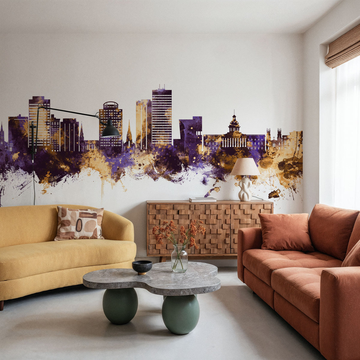 Columbia South Carolina Skyline Purple & Gold Mural Wallpaper - room preview 02