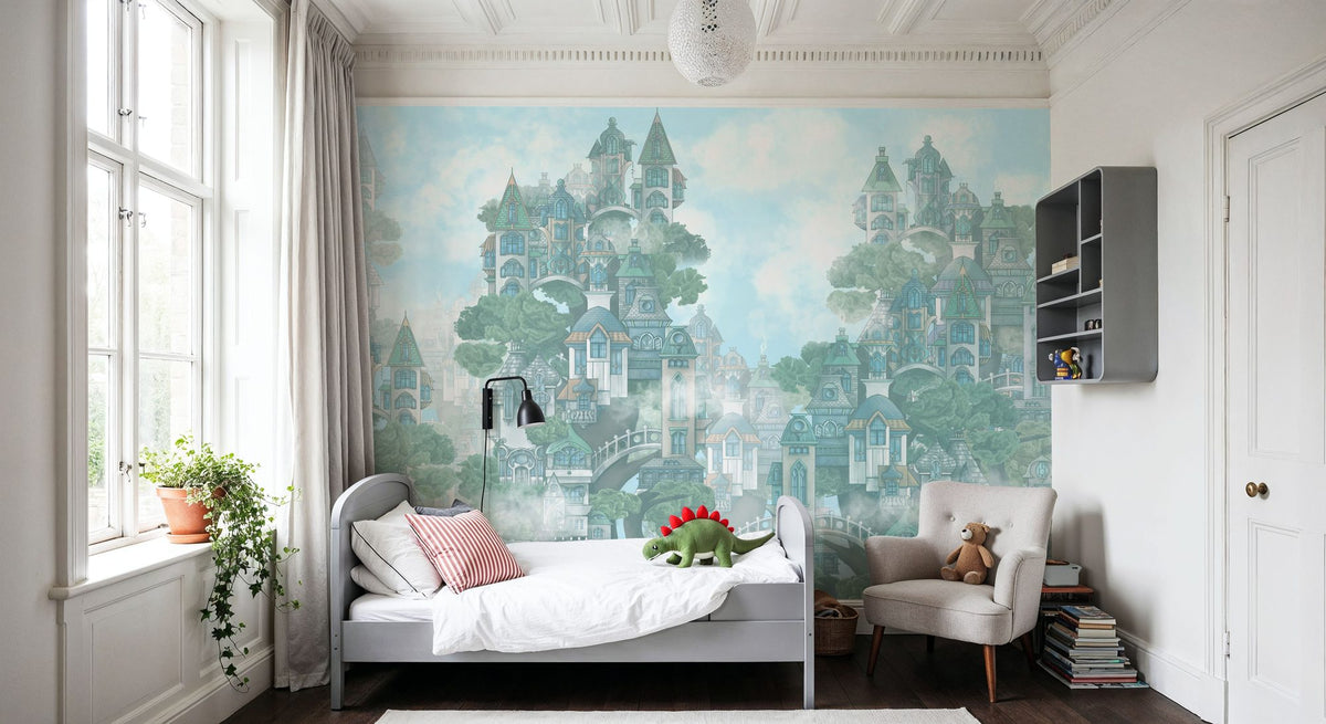 Treehouse Neighborhood Cool Pastel Mural Wallpaper - room preview 02