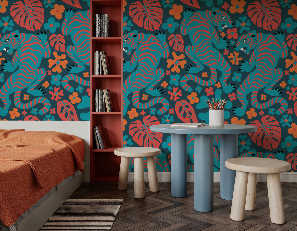Otomi Cool Tigers, Coral & Teal Mural Wallpaper - room preview 02
