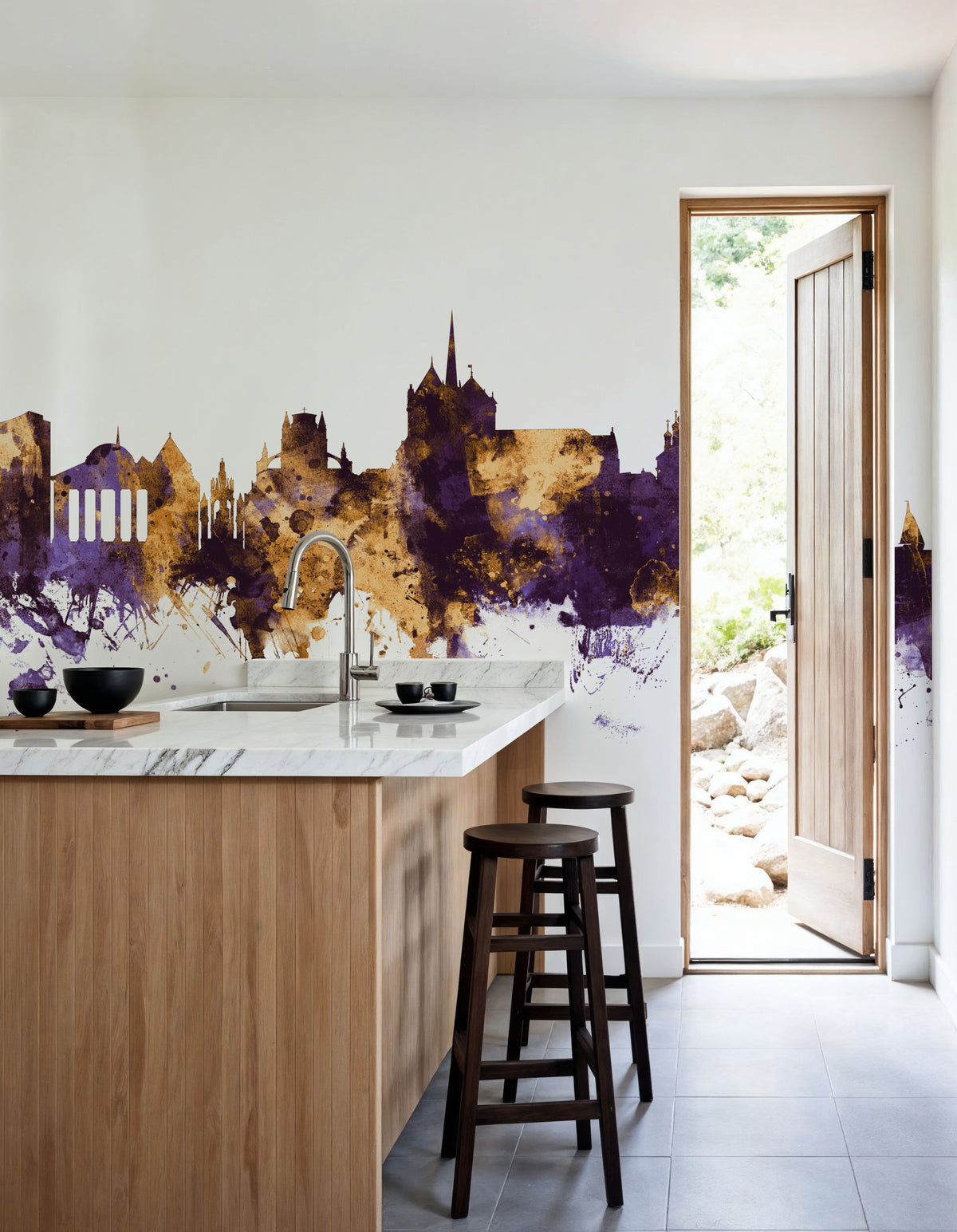Geneva Switzerland Skyline Purple & Gold Mural Wallpaper - room preview 02