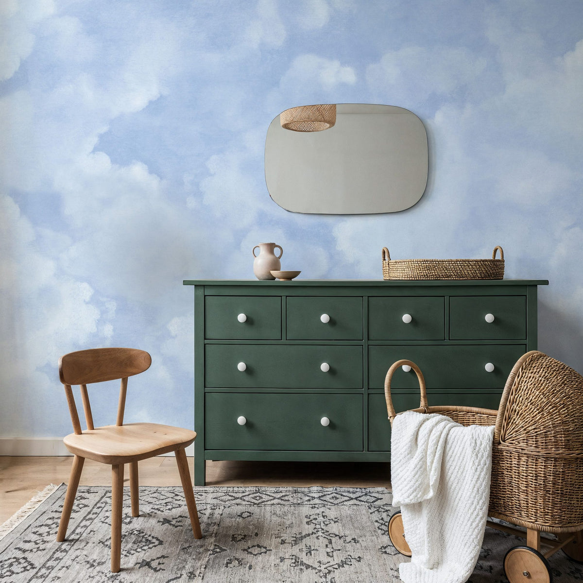 Painted Dreamy Clouds, Bright Blue Mural Wallpaper - room preview 02