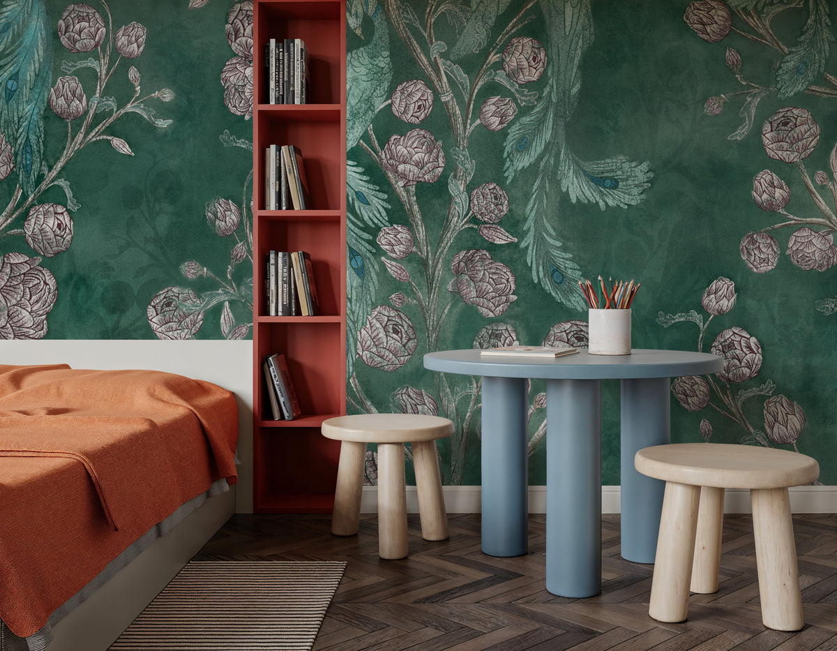 Peacock and Peony Chinoiserie Pale Green Mural Wallpaper - room preview 02
