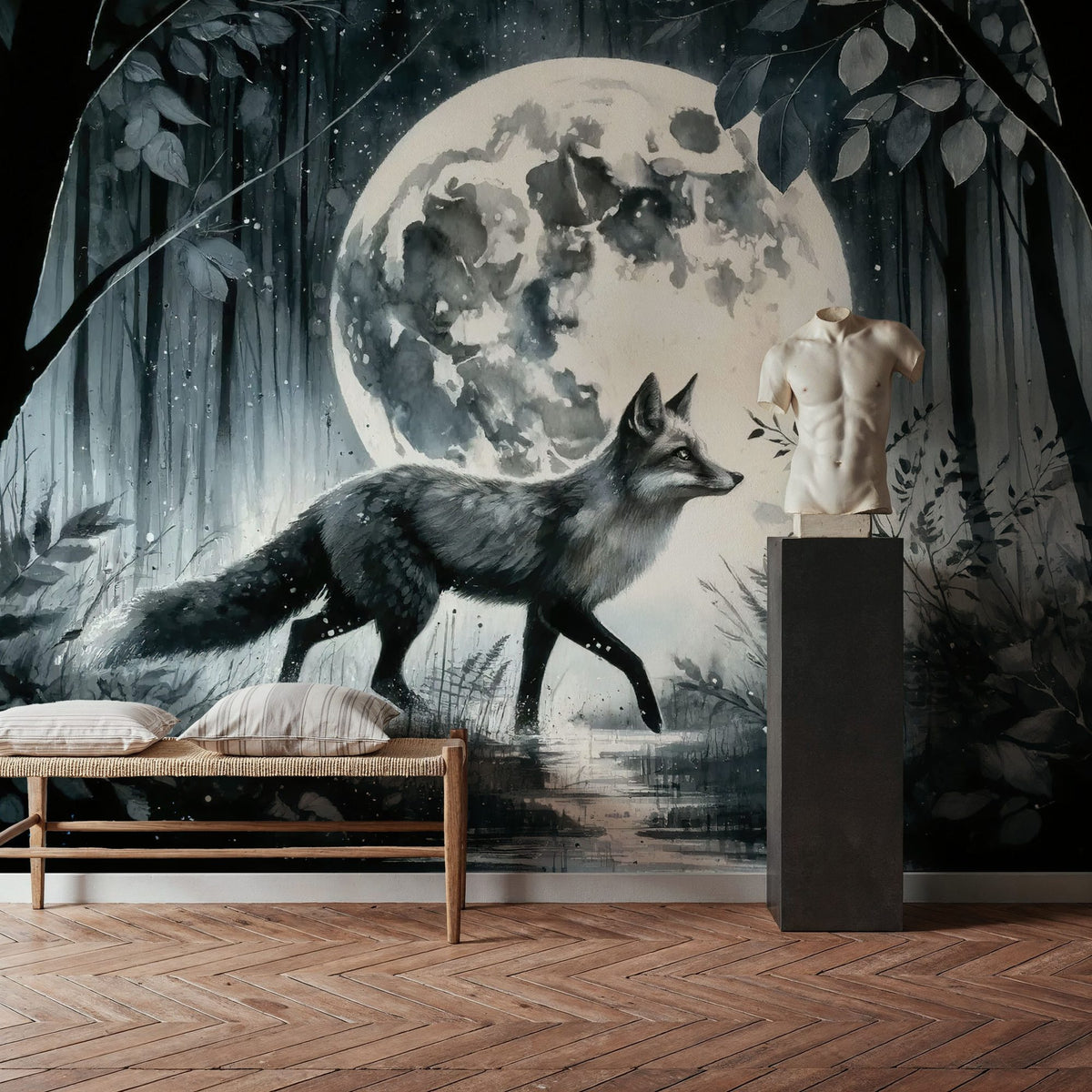 Moonlit Solitude in the Midnight Forest Mural Wallpaper - room preview 02
