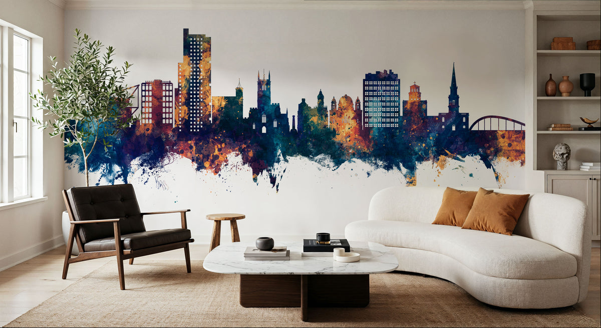 Wolverhampton England Skyline Blue & Bronze Mural Wallpaper - room preview 02