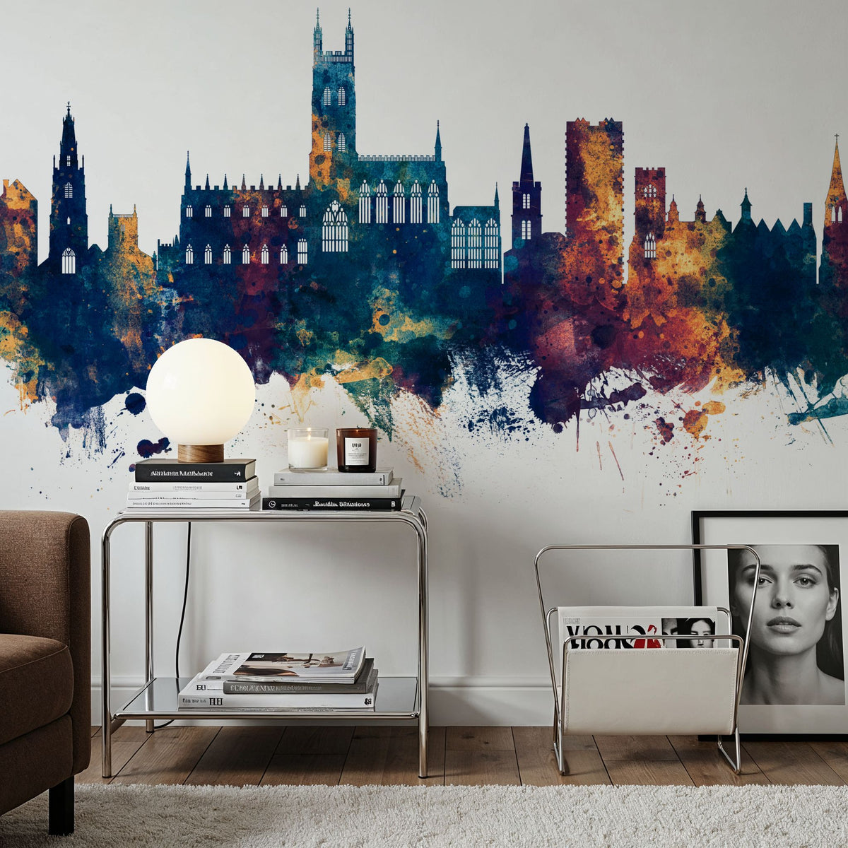 Gloucester England Skyline Blue & Bronze Mural Wallpaper - room preview 02
