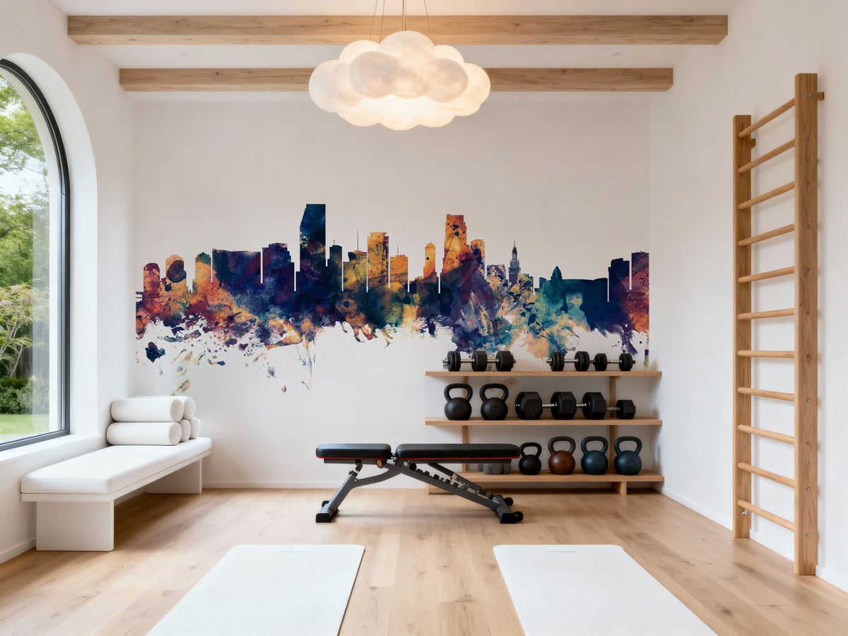 Miami Florida Skyline Blue & Bronze Mural Wallpaper - room preview 02