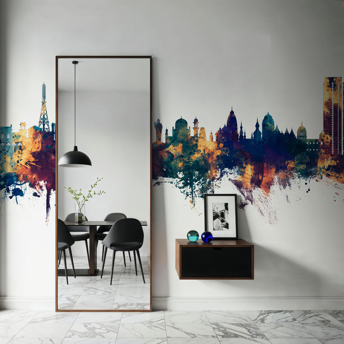 Hyderabad Skyline Blue & Bronze Mural Wallpaper - room preview 02