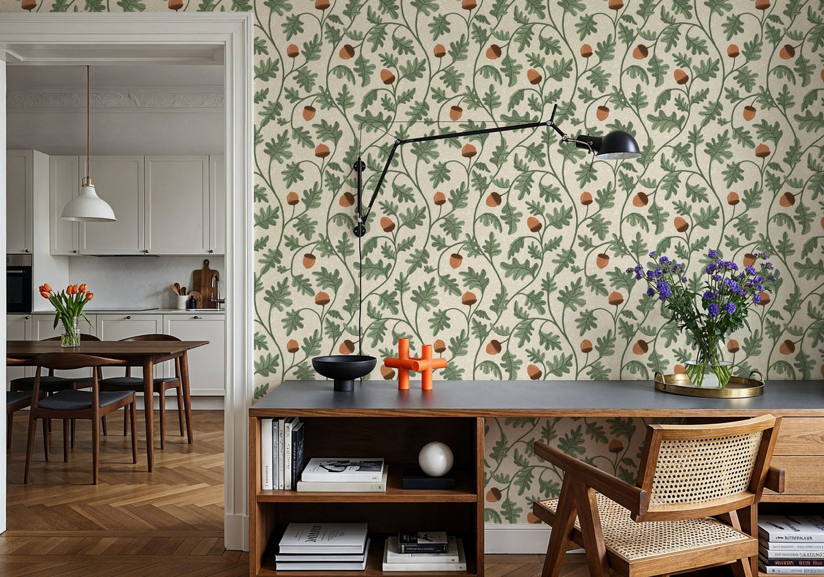 Oak & Acorns, White Mural Wallpaper - room preview 02