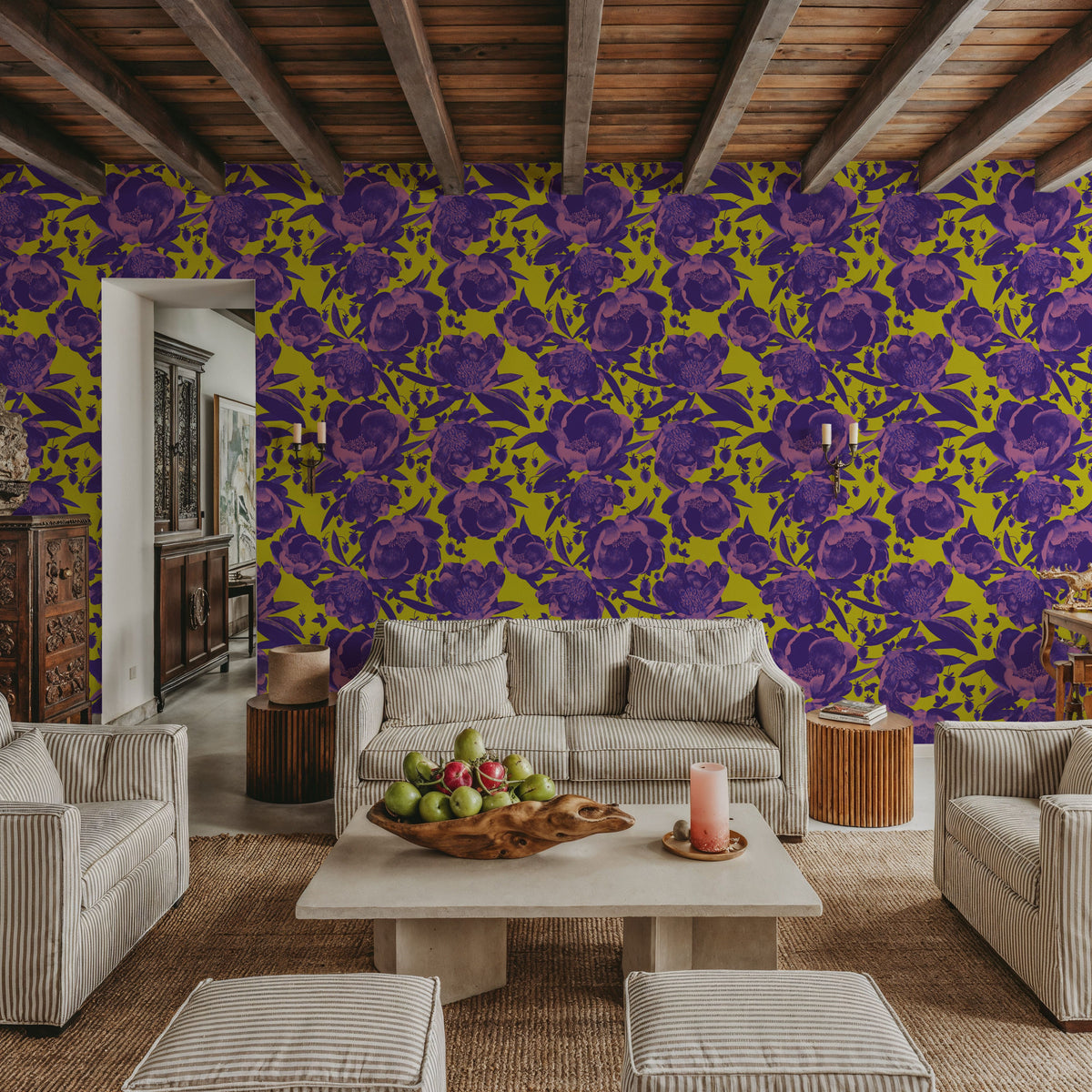 Pop Peonies, Purple & Lime Mural Wallpaper - room preview 02