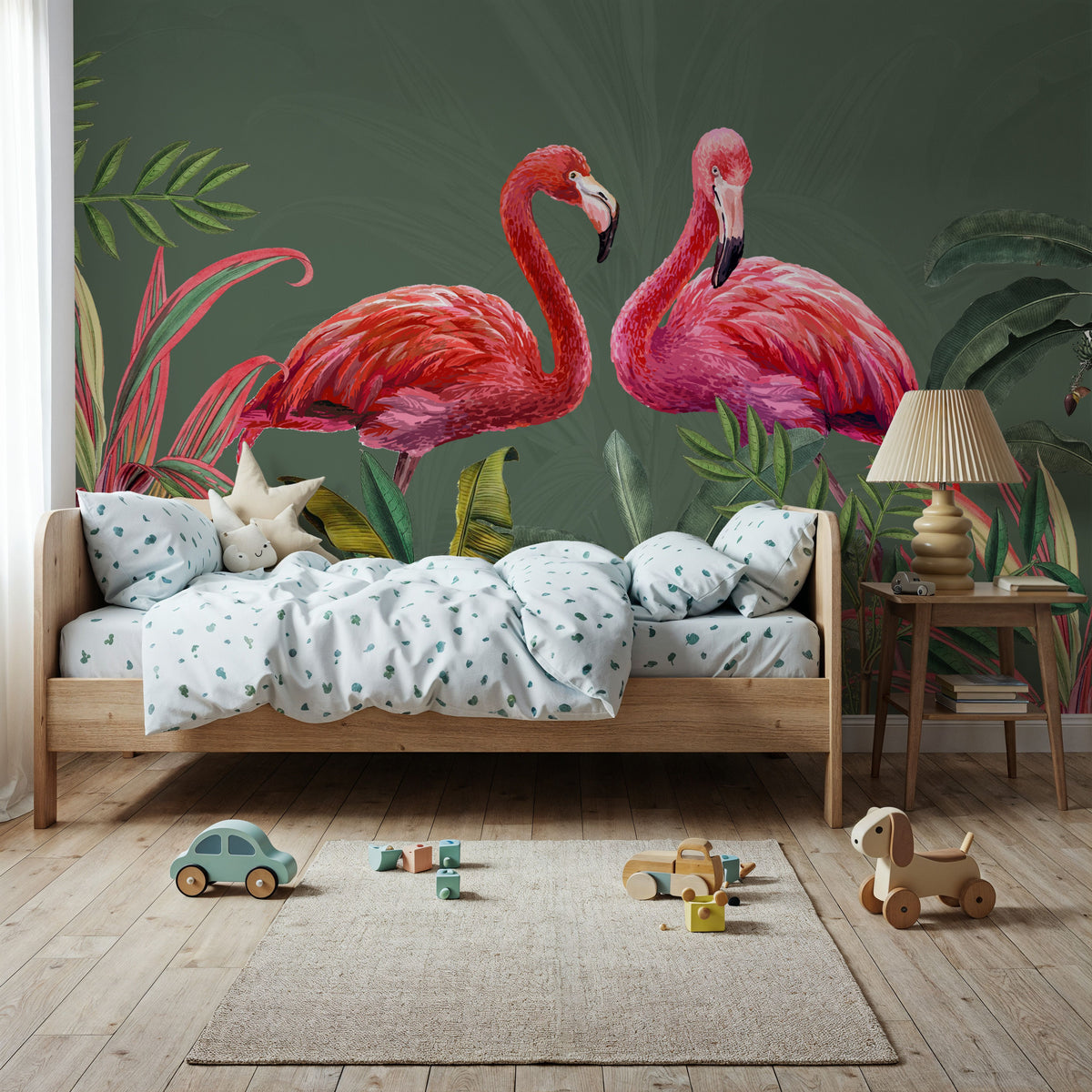 Shy Flamingos Green Mural Wallpaper - room preview 02