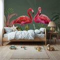 Shy Flamingos Green Mural Wallpaper - room preview 02