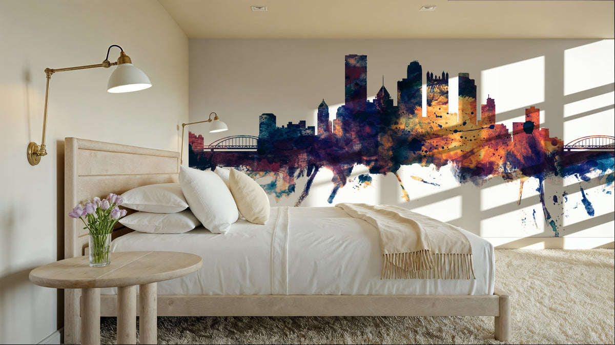 Pittsburg Pennsylvania Skyline Blue & Bronze Mural Wallpaper - room preview 02