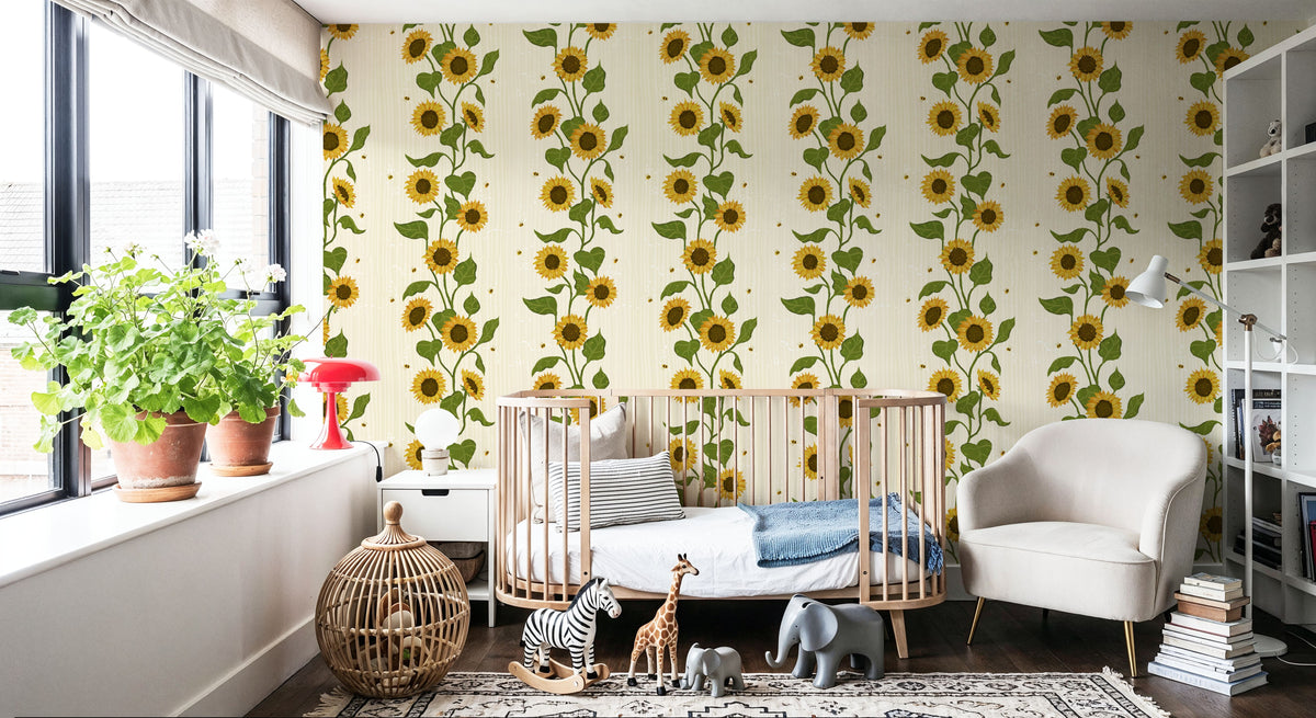 Sunflower Stripes, Cream Mural Wallpaper - room preview 02