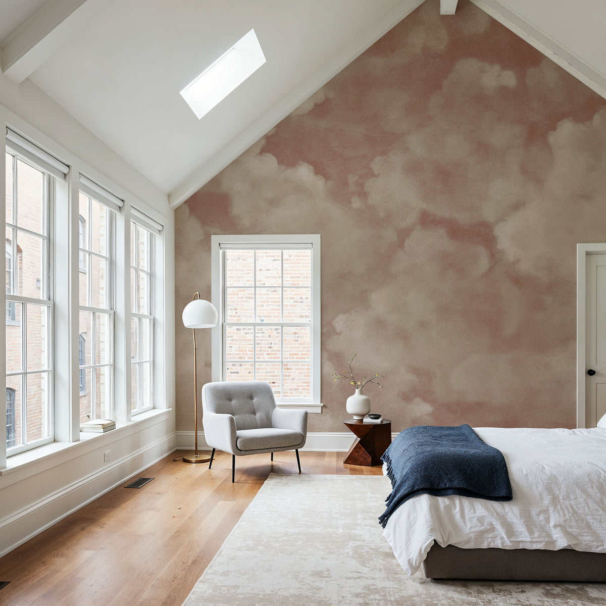 Painted Dreamy Clouds, Dusty Rose Mural Wallpaper - room preview 02