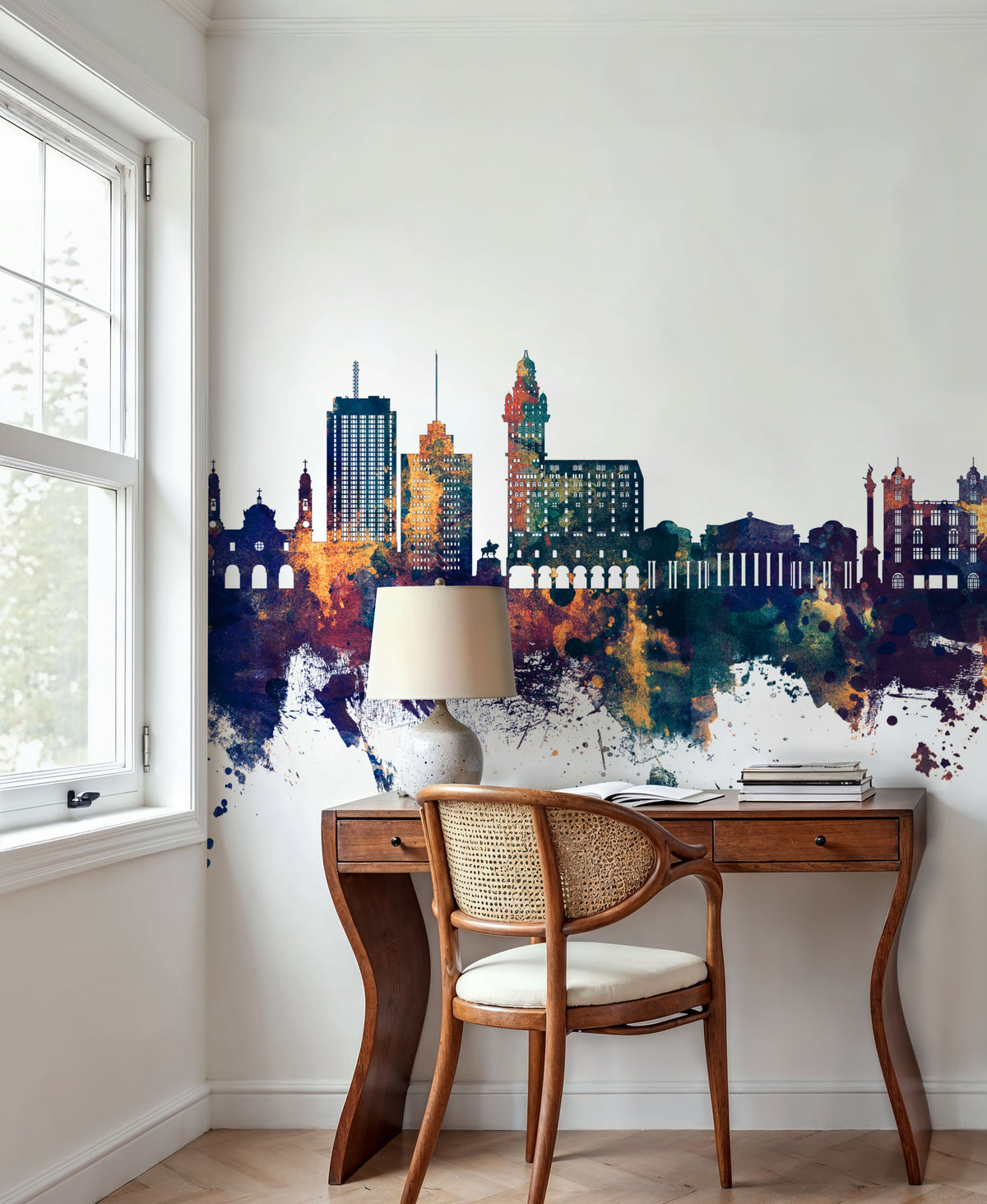 Montevideo Uruguay Skyline Blue & Bronze Mural Wallpaper - room preview 02