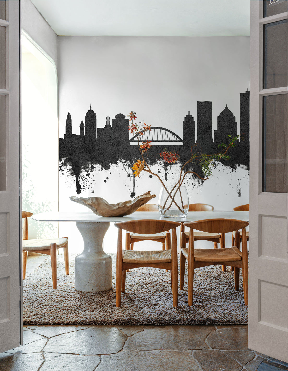 Rochester New York Skyline Black & White Mural Wallpaper - room preview 02