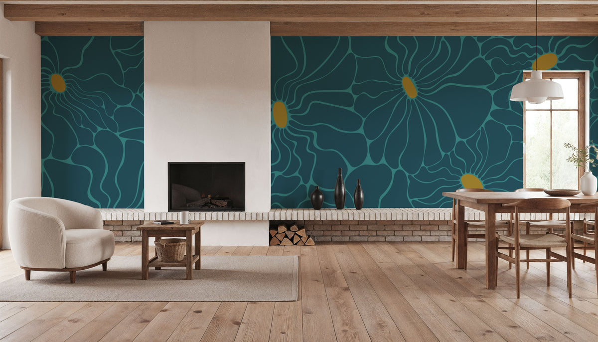 Cool Fluid Flowers Mural, Teal Mural Wallpaper - room preview 02