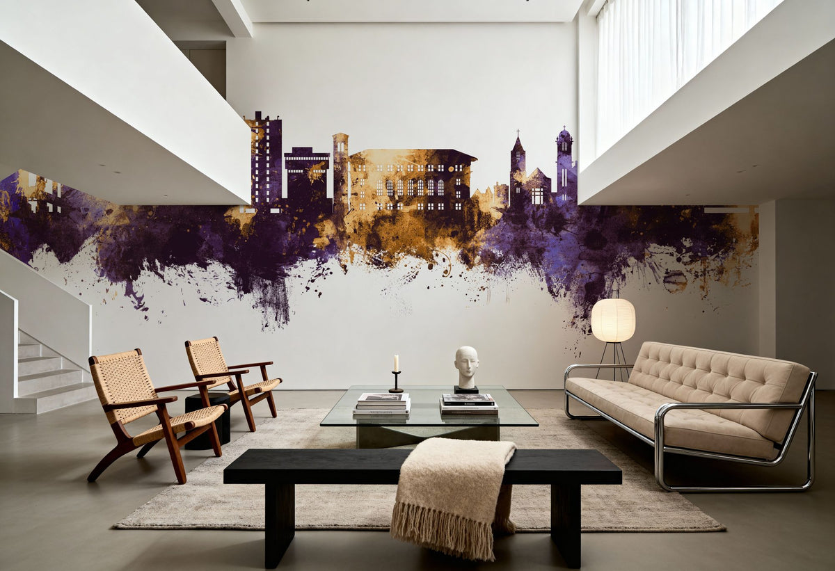 Cedar Falls Iowa Skyline Purple & Gold Mural Wallpaper - room preview 02
