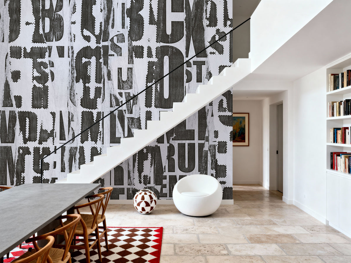 Letterpress Vintage Newspaper Collage, Grunge Mural Wallpaper - room preview 02