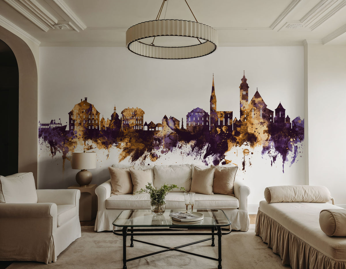 Hallstatt Austria Skyline Purple & Gold Mural Wallpaper - room preview 02