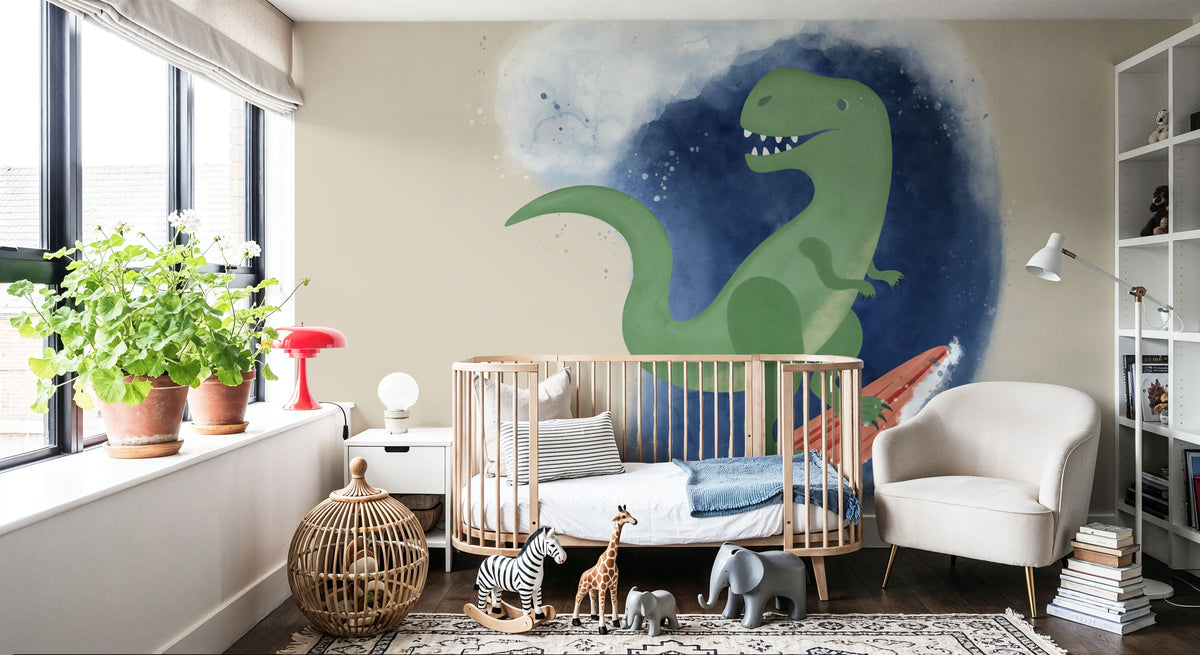 Surfing T-Rex Mural Wallpaper - room preview 02