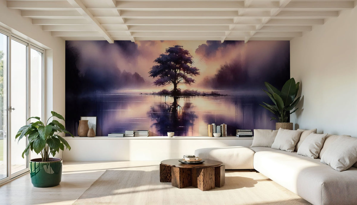 Whispers of Dawn on a Misty Lake Solitude Mural Wallpaper - room preview 02