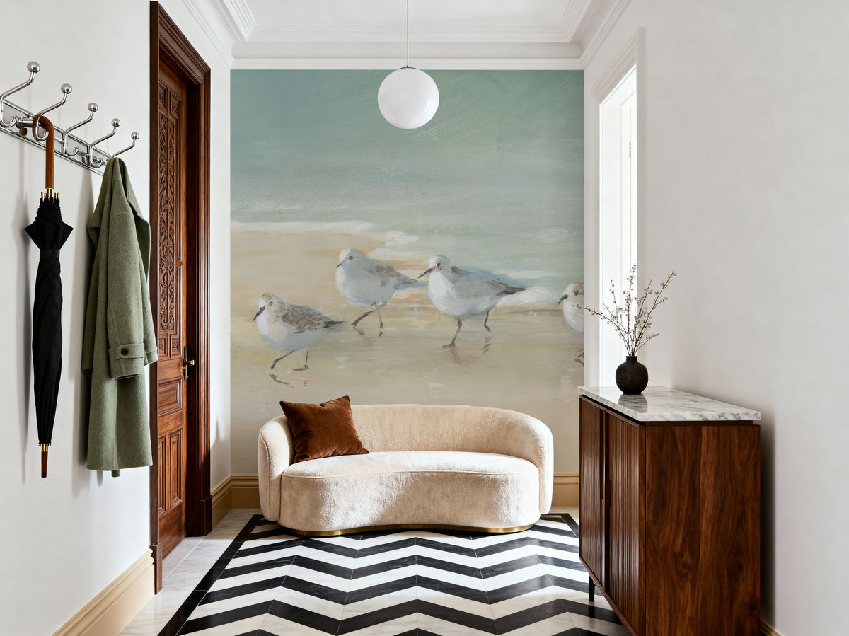 Tranquil Shorebirds on the Sand Mural Wallpaper - room preview 02