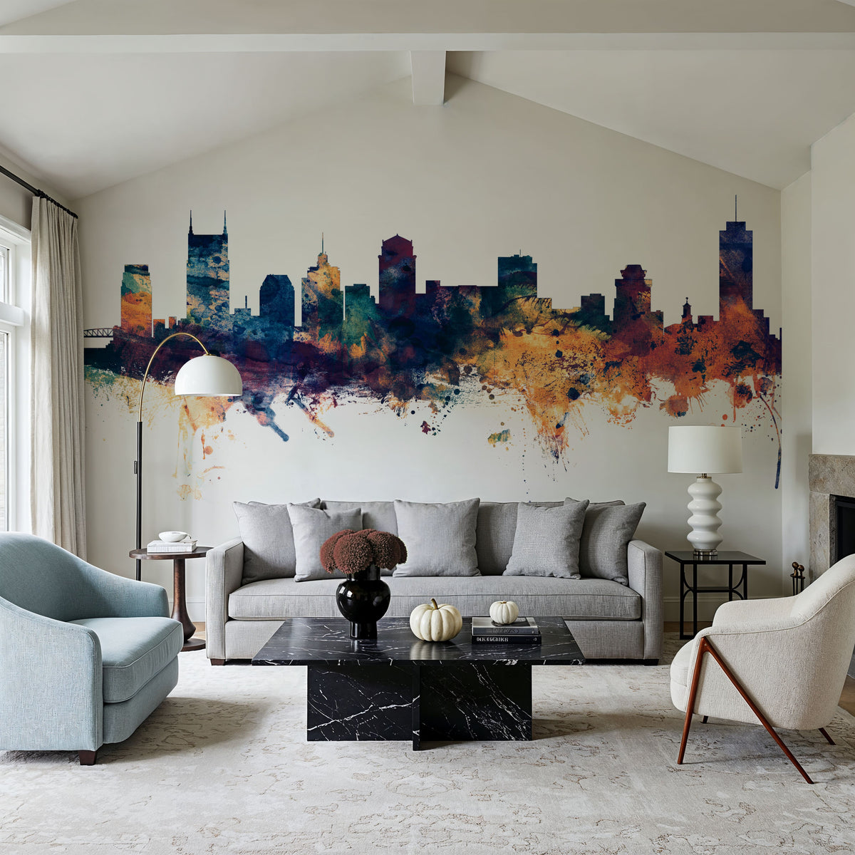 Nashville Tennessee Skyline Blue & Bronze Mural Wallpaper - room preview 02