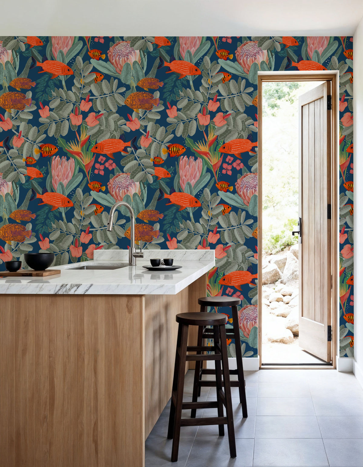 Orange Fish & Proteas Mural Wallpaper - room preview 02