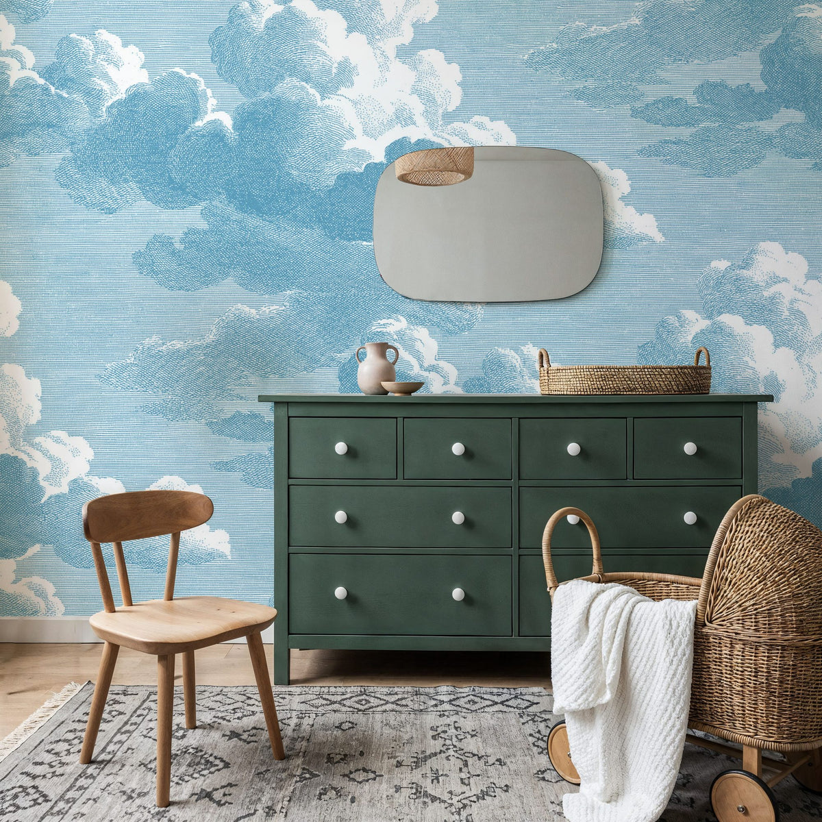 Intaglio Clouds, Washed Demin Mural Wallpaper - room preview 02