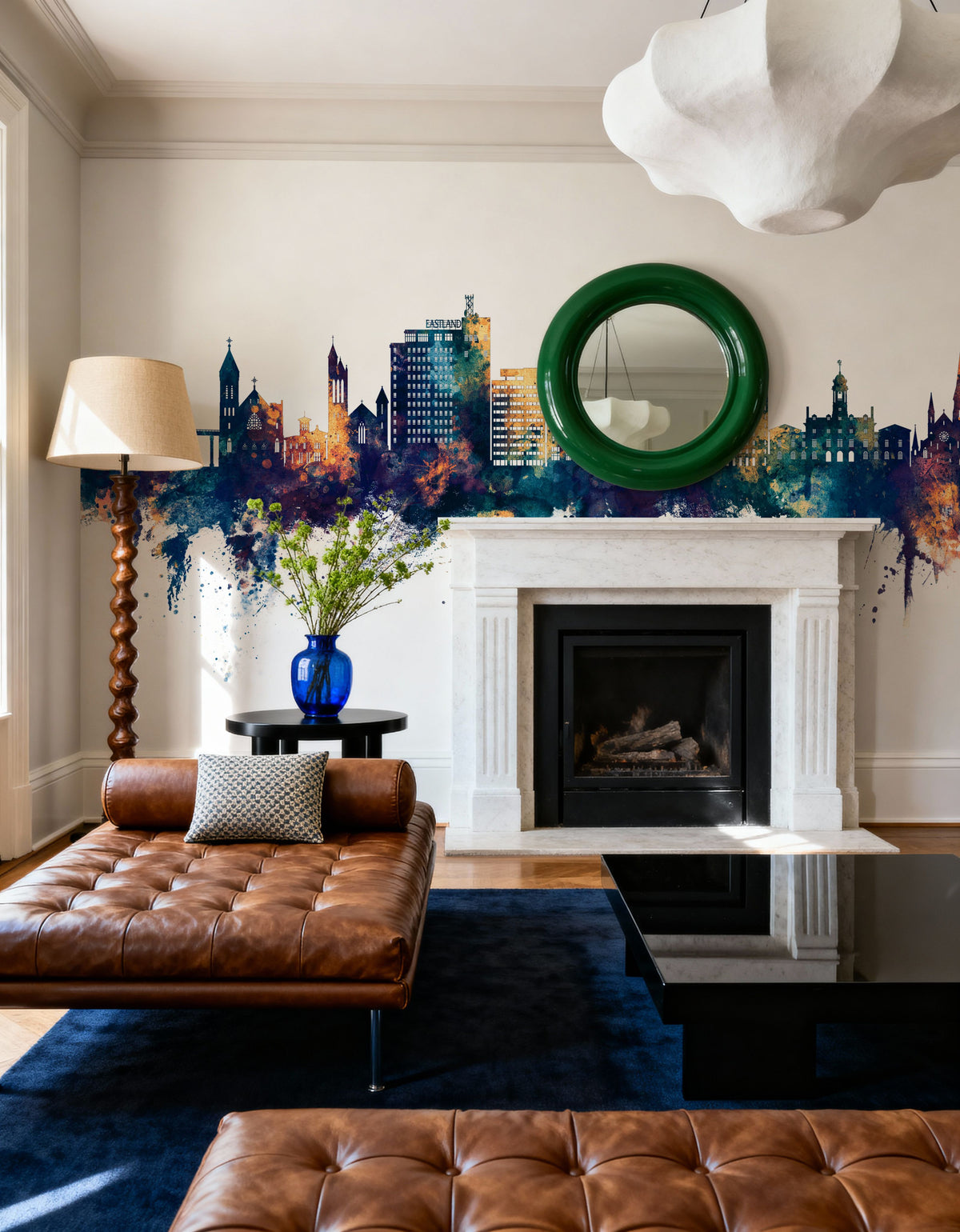 Portland Maine Skyline Blue & Bronze Mural Wallpaper - room preview 02