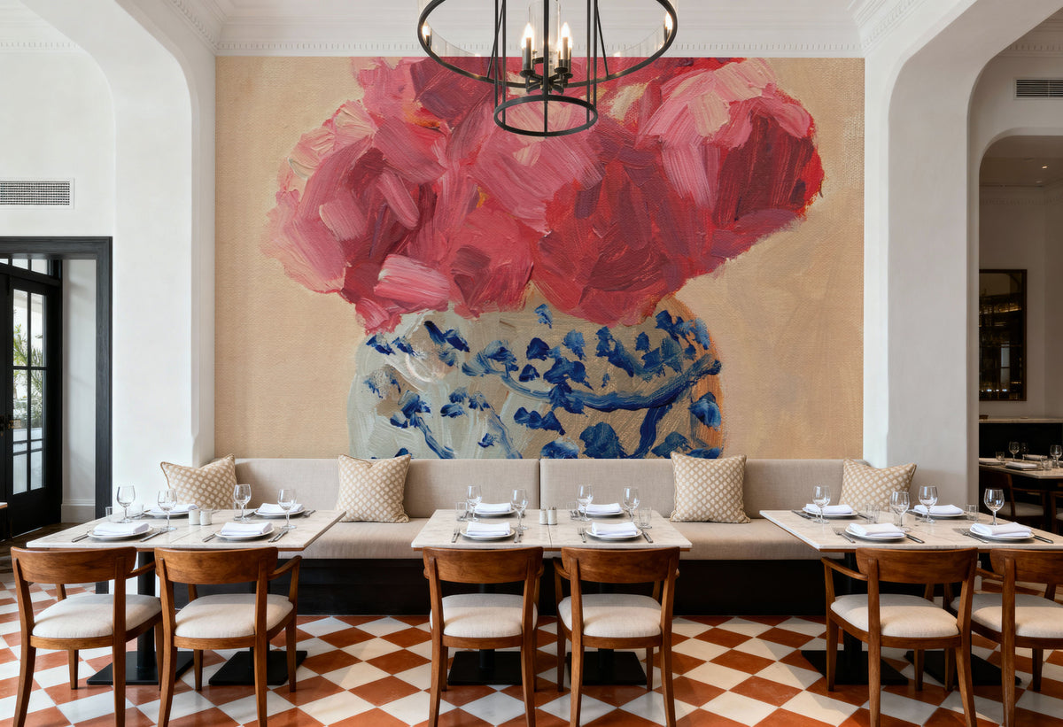 Peonies in Chinoiserie Vase Mural Wallpaper - room preview 02