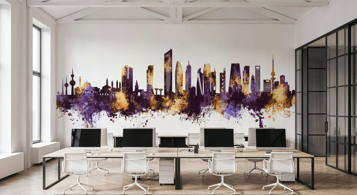 Kuwait City Skyline Purple & Gold Mural Wallpaper - room preview 02