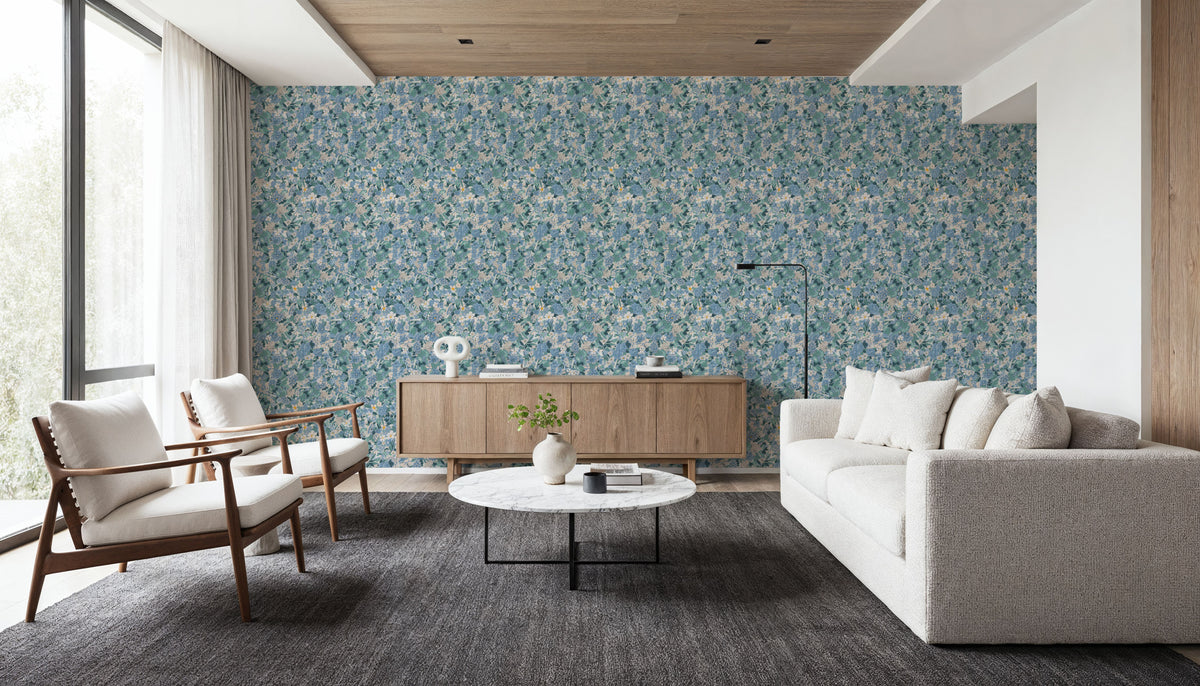 Floral Blossom Dusty Blue Mural Wallpaper - room preview 02