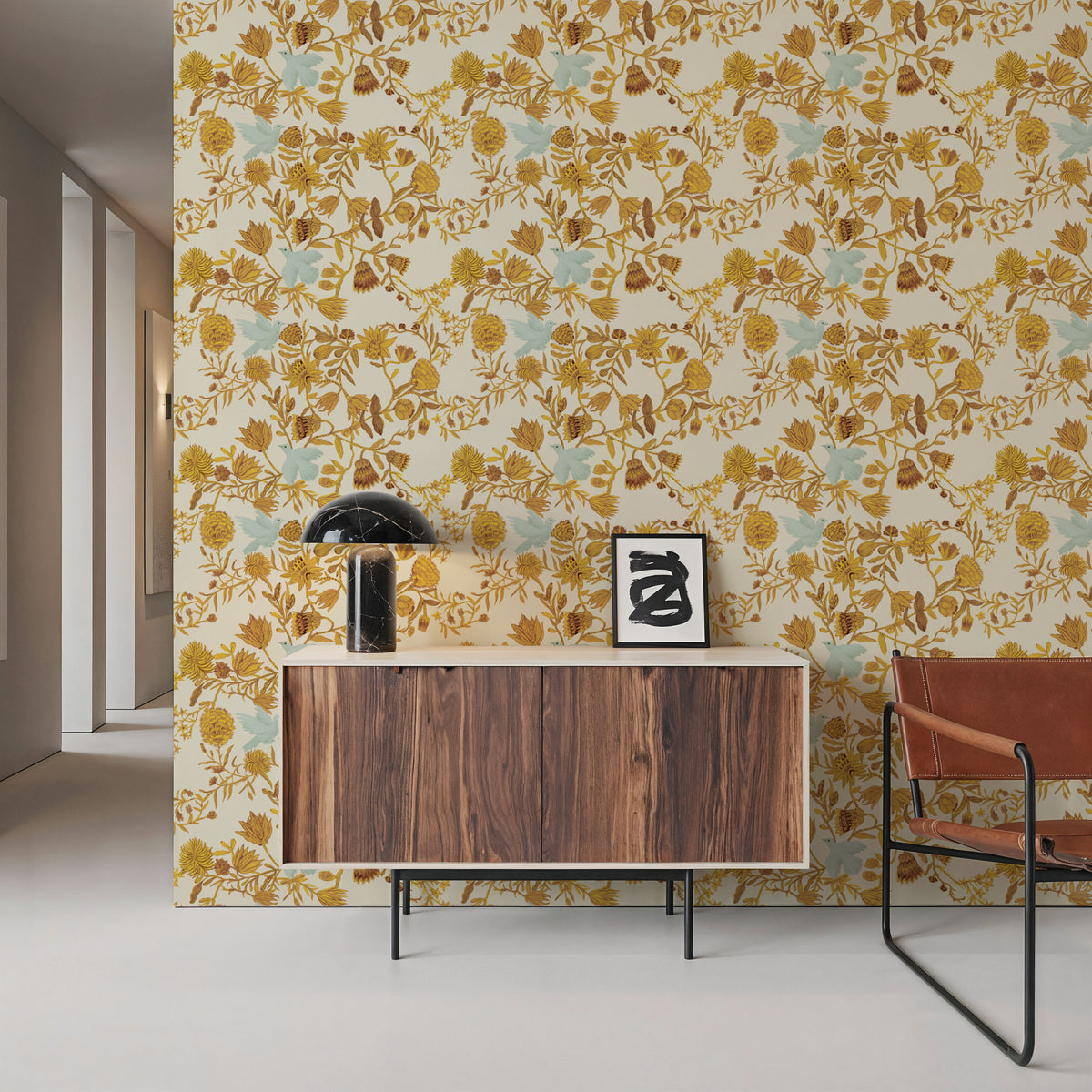 Miracle Blossoms and Birds, Yellow Mural Wallpaper - room preview 02