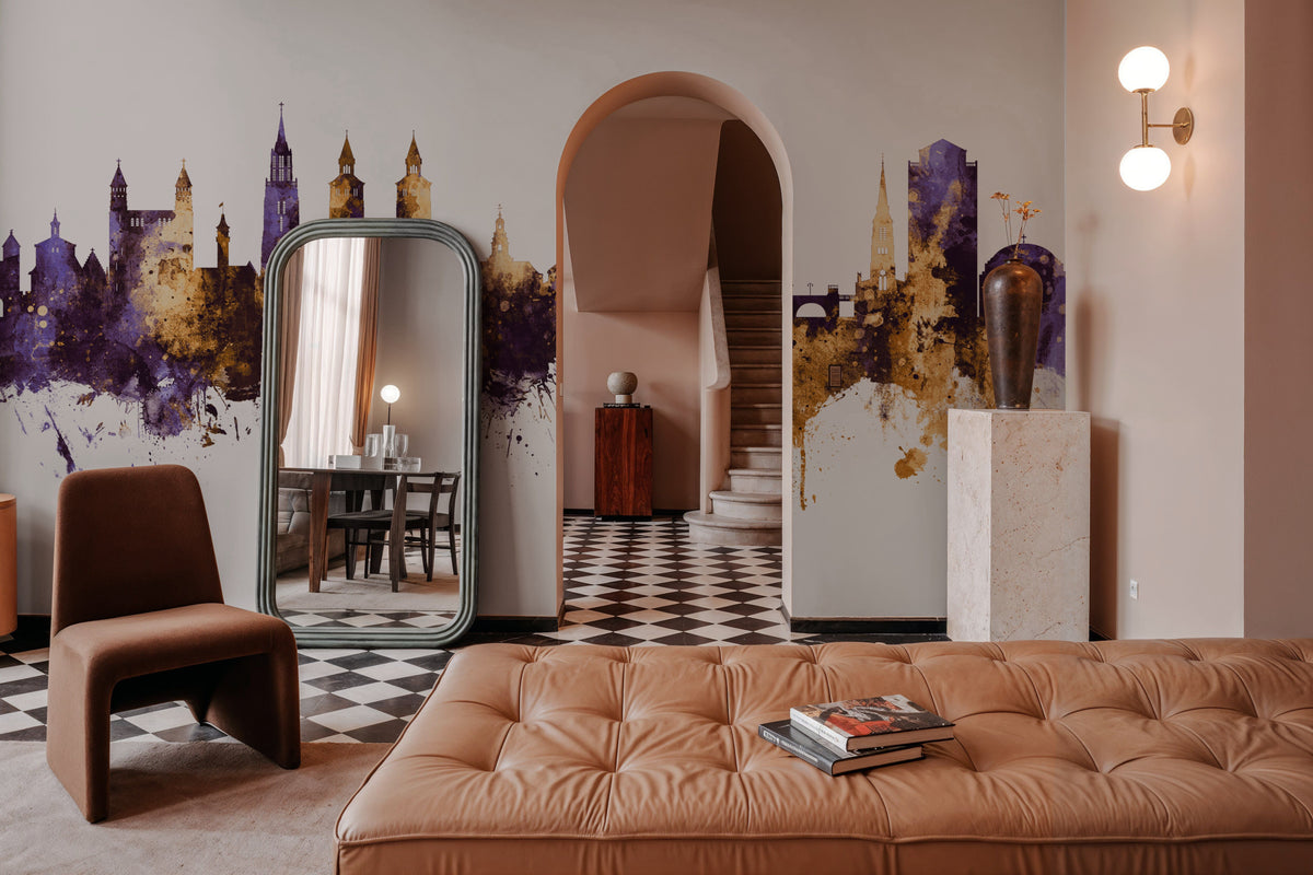 Maastricht the Netherlands Skyline Purple & Gold Mural Wallpaper - room preview 02