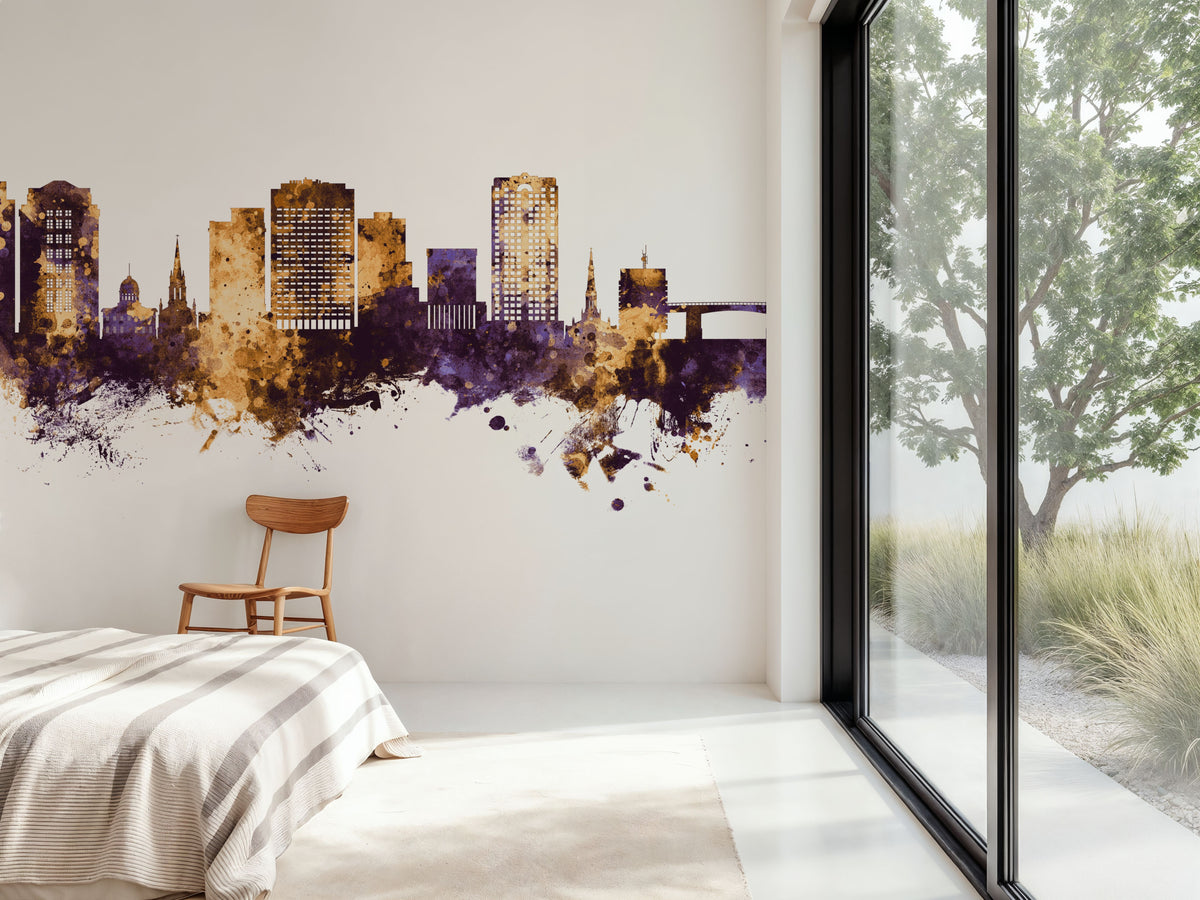 Norfolk Virginia Skyline Purple & Gold Mural Wallpaper - room preview 02