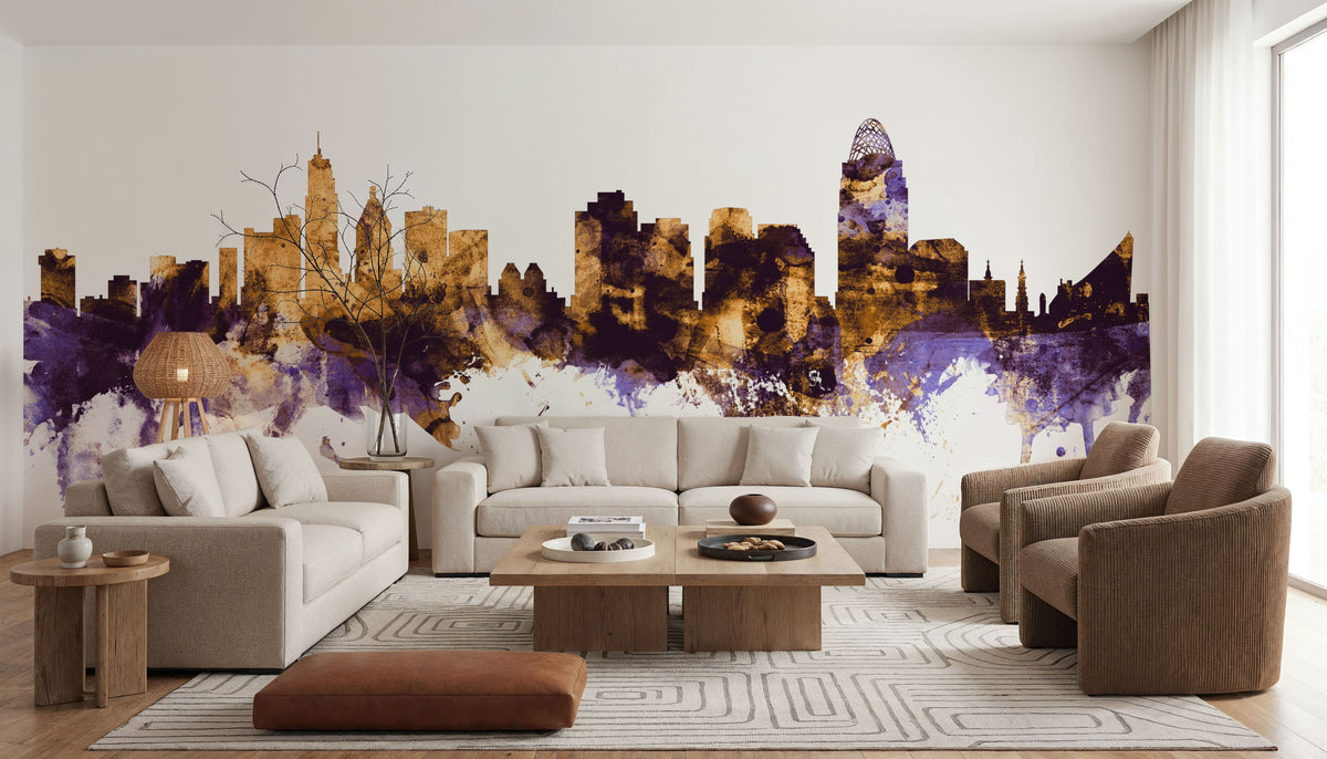 Cincinnati Ohio Skyline Purple & Gold Mural Wallpaper - room preview 02