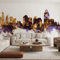 Cincinnati Ohio Skyline Purple & Gold Mural Wallpaper - room preview 02