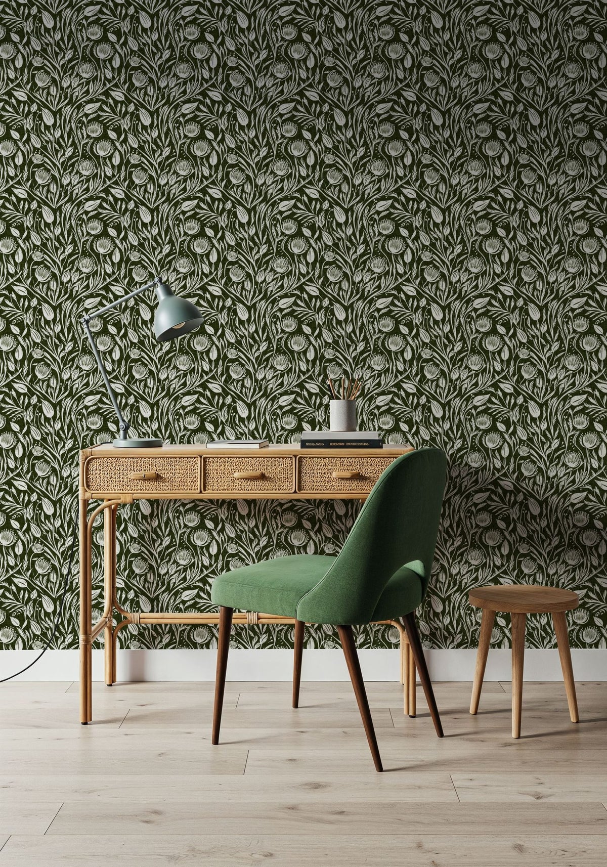 Red Clovers, Forest Green Mural Wallpaper - room preview 02